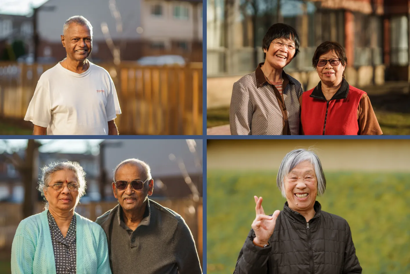 Collage of tenants living in Toronto Seniors Housing: an individual man, a woman and man couple, two women neighbours and an individual woman.