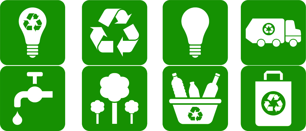 Green background with white icons: a recyclable light bulb, a recycling logo, a light bulb, a recycling truck, a water tap, trees, a recycling bin, a recycling bag.