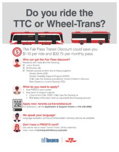 A poster that describes how people can save $1.10 per ride or $32.75 per monthly pass on the TTC or Wheel-Trans. The full text of this poster is on the webpage. 
